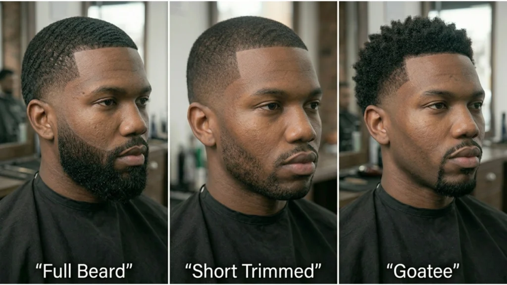 Low Taper Fade Black Male Beard Combination Styles