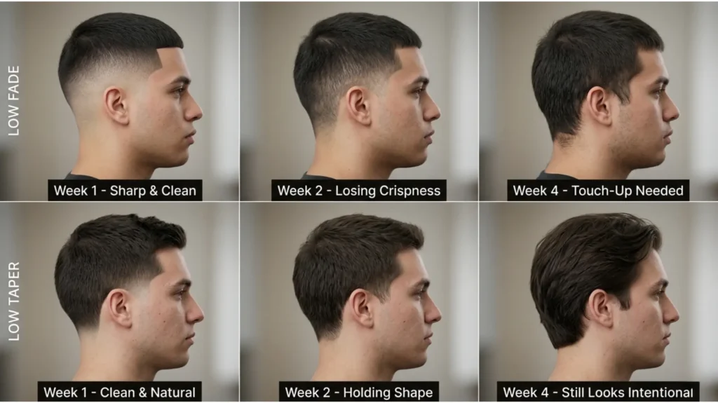 Low taper vs Low Fade Week-by-Week Grow-Out Timeline